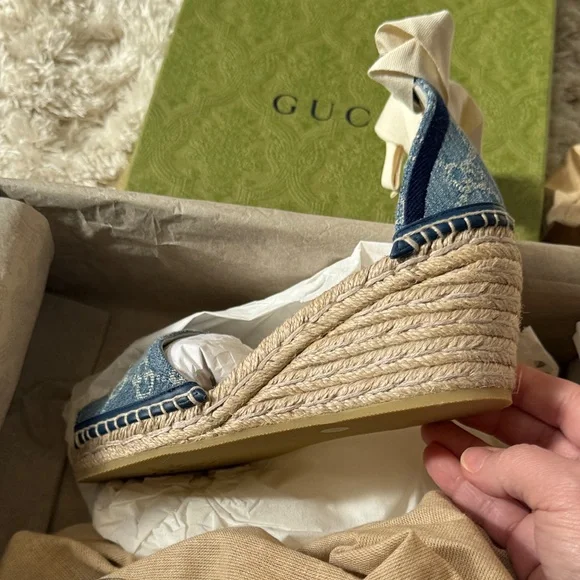Gucci Blue Denim GG Logo Espadrille Wedges with Jute Heel - Picture 4 of 10